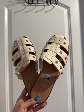 GUESS Cream Slide Sandals with Gold Stud Accents